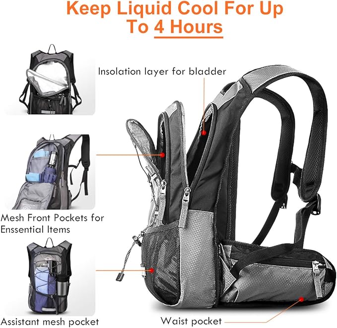 Hydration Pack, Insulated Hydration Backpack with 2L BPA Free Water Bladder and Storage, Hiking Backpack for Men, Women, Kids for Running, Cycling, Camping - Keep Liquid Cool up to 5 Hours
