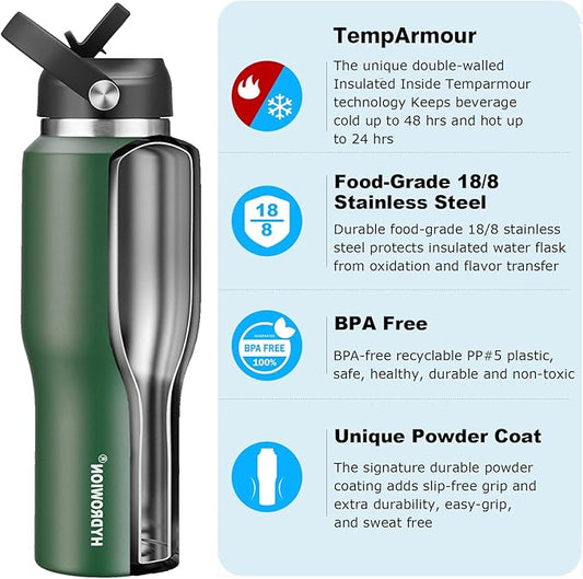 HYDROWION Water Bottle Insulated,32oz Water Bottles Straw Lid, Spout Lid and Flex Cap, Tumbler Flask (Cold for 48 Hrs, Hot for 24 Hrs), Leakproof Travel Thermo Mug, Fit Any Car Cupholder, Olive