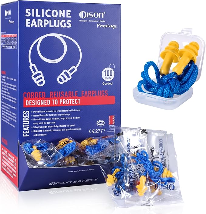 Dison 100Pairs Silicone Ear Plugs, 32dB Corded Reusable Earplugs for Hearing Protection, Noise Reduction for Shooting Range, Work, Travel