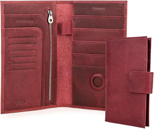 CONTACTS Full Grain Leather Family Passport Holder for 4 Womens Airtag Passport Wallet RFID Blocking Travel Passport Cover with 4 Passport Slot, 6 Card Slot (Red)
