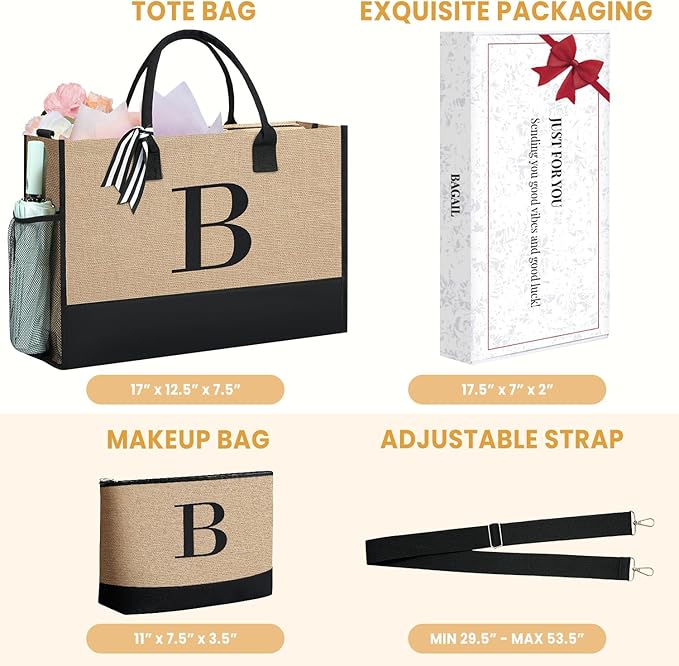 BAGAIL Initial Tote Bag, Personalized Birthday Gifts for Women, Teacher, Friends, Mom, Wedding, Monogrammed Beach Bag