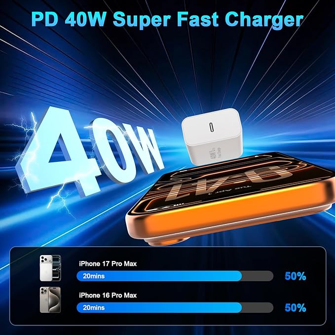 iPhone 17 16 15 Charger Fast Charging, 2 Pack 40W USB C iPhone 17 16 15 Pro Max Charger Block & 6FT Type C Charging Cable Cord for iPhone 17/Air/17 Pro/17 Pro Max/16/16 Pro/16 Pro Max/15/15 Pro Max