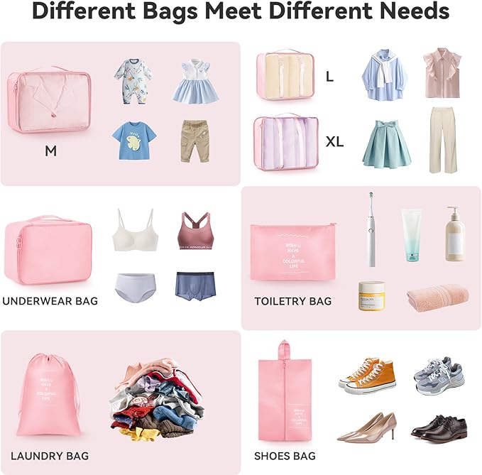 AnyZip Luggage Sets 10 Piece Hardshell Suitcase Set PC ABS Lightweight Travel Suitcases with 4 Double Spinner Wheels TSA Lock 20 24 28 Inch with 7 Storage Bags Pink