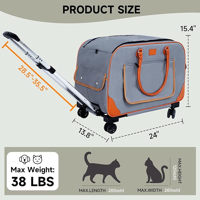 Large Cat Carrier with Wheels Pet Dog Rolling Carriers for Extra Large Cat Carrier Small Bag Small Dogs Up to 38 Lbs 24"X 13.8"X 15.4" Double Trolley Case Travel Walking and Camping(NOT for TSA)