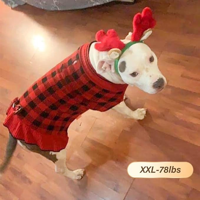 KYEESE Christmas Dog Sweater Dress for Medium Dogs with Leash Hole Checkered Pet Sweaters Dogs Christmas Outfit with BowtieTurtleneck Dog Apparel for Winter