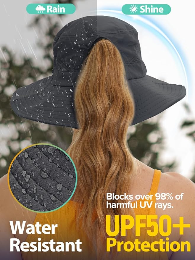 Sun Bucket Beach Hats for Women with Ponytail Hole,Sun Protection UV UPF50+ Waterproof Fishing Safari Hiking Hat
