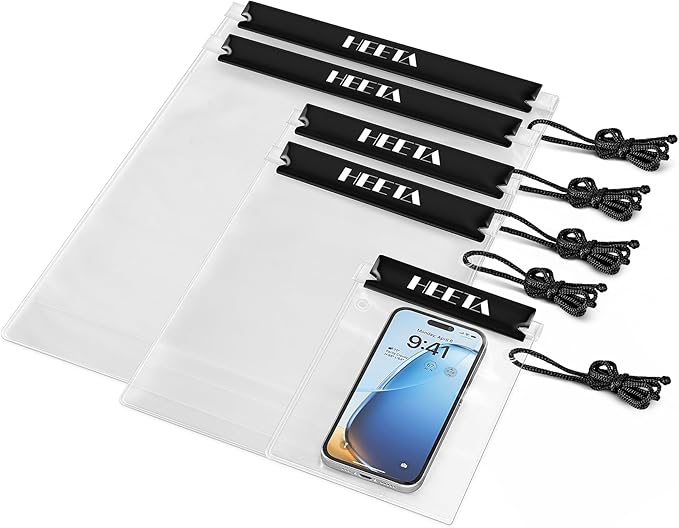 HEETA 5-Pack Clear Waterproof Dry Bag Pouch, Water Tight Cases Dry Bags Document Holder for Camera Mobile Phone Maps, Kayaking Boating