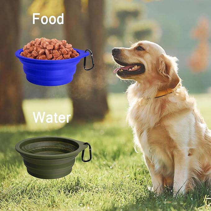 PetBonus 2-Pack Large Silicone Collapsible Dog Bowls, 34oz/1000ml BPA Free Portable Foldable Travel Bowl for Pet Cat, Food Water Feeding Dish for Camping with 2 Carabiners (Army Green, Blue)