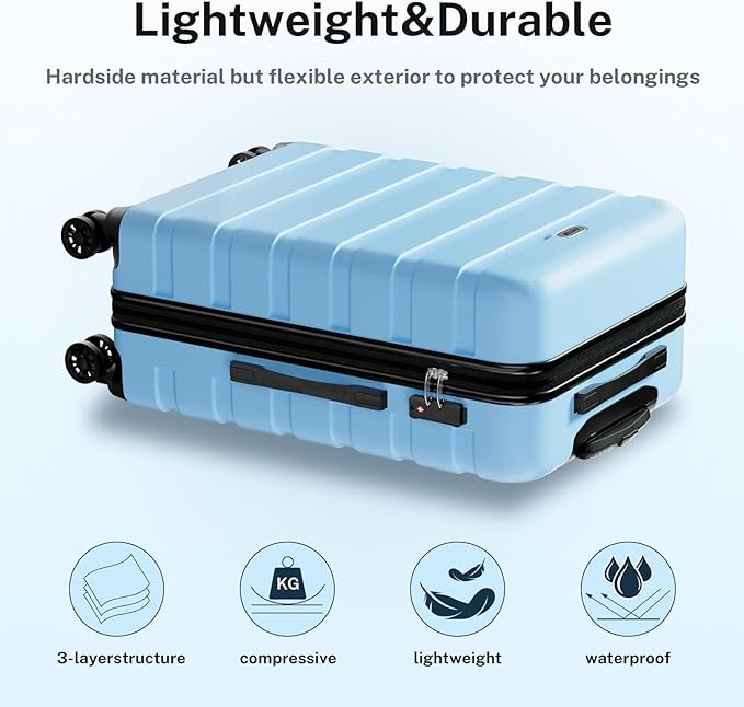AnyZip Luggage Sets 4 Piece Hardshell Suitcase Set PC ABS Lightweight Travel Suitcases with 4 Double Spinner Wheels TSA Lock 20 24 28 32 Inch Light Blue