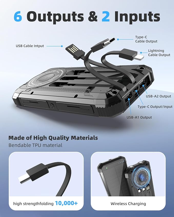 Solar Power Bank 20000mAh, Wireless Charger with 15W Fast Charging, 3 Data Cables, USB-C Output, Dual Flashlights, Portable Outdoor Battery Pack for iPhone, Samsung, and More, for Camping, Emergency