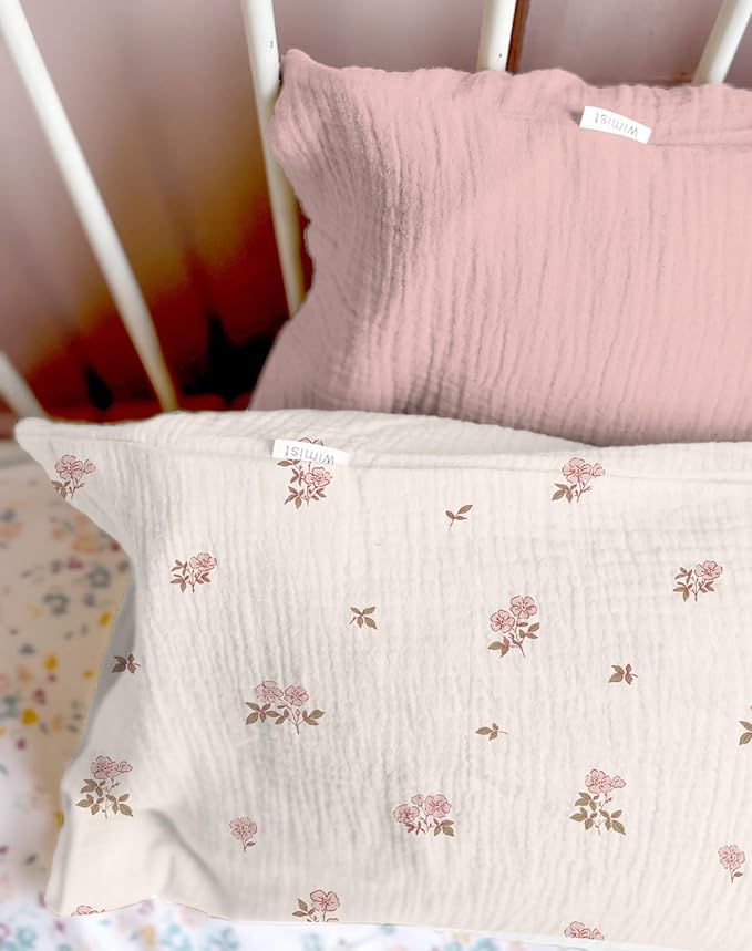 Toddler Pillowcases for 13"x18" Pillow 2 Pack, Muslin Small Toddler Baby Kids Travel Pillow Covers for Boys Girls with Envelope Closure (Flower G & Pink, 13 x 18 Inch)