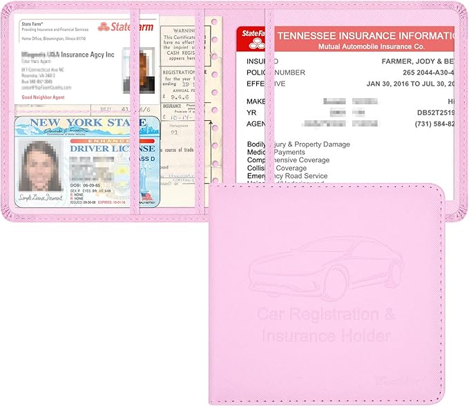 Car Insurance and Registration Holder, 5.5 x 5 Inch PU Leather Vehicle Glove Box Organizer Wallet Case for Insurance Card, Driver License, Paperwork - Pink
