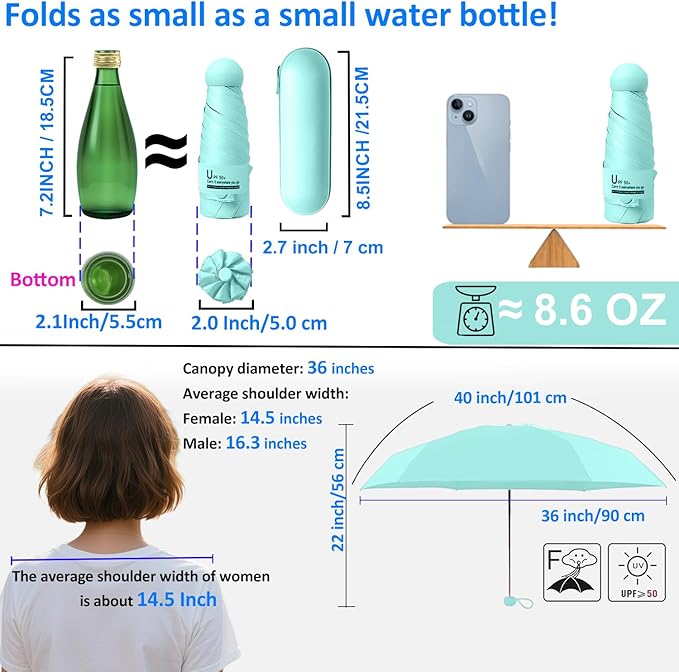 BAODINI Travel Essentials Mini Umbrella for Purse With Case Small Compact UV Sun Protection Lightweight Tiny Pocket Manual Open Close Umbrella for Women Kids and Men Fit Purse Backpack
