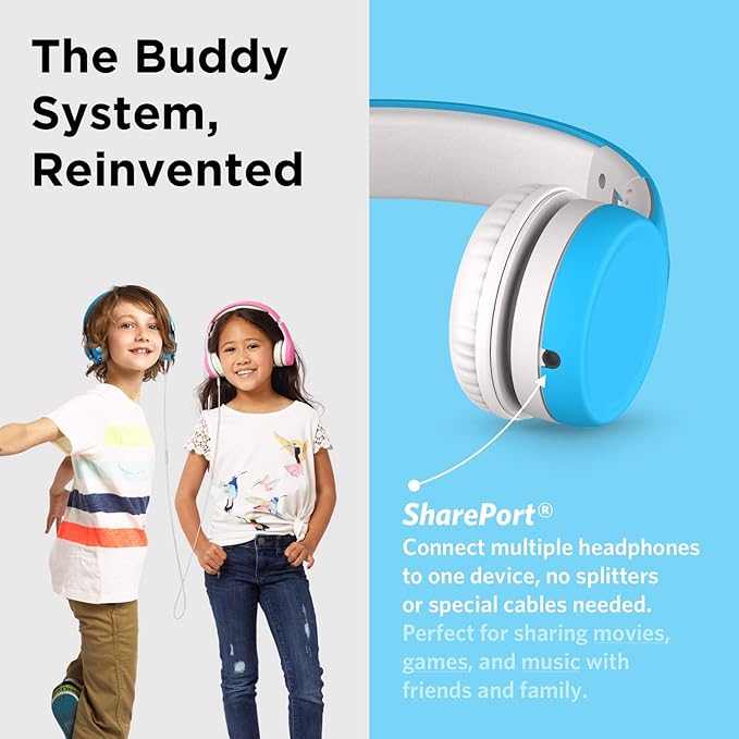 LilGadgets Connect+ Foldable Headphones, Adjustable Fit Soft Touch Padding for Kids with Mic, Volume-Limited & Noise Reduction On-Ear Wired Headset for School with SharePort - Blue, Ages 3-14