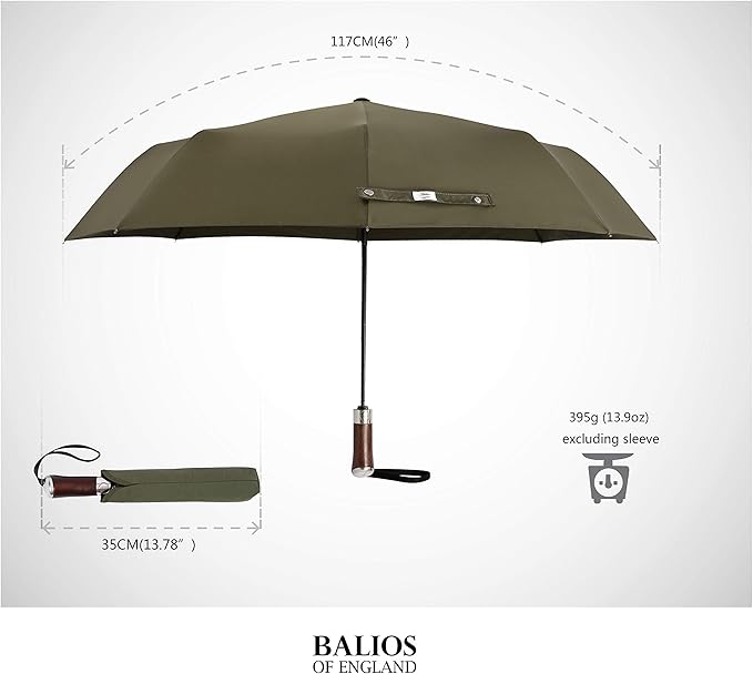 Balios (Designed in UK) Travel Umbrella Luxurious Golden Hardwood Handle Auto Open & Close Windproof Frame Single Canopy Automatic Folding Umbrella Men's & Ladies