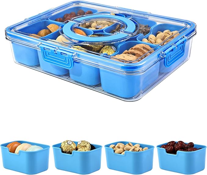 Yuroochii Snackle Box Container, Portable Snack Box 8 Compartment Divided Serving Tray with Lid & Handle, Clear Snack Charcuterie Platter for Travel Candy Party Fruit Salad (Blue)