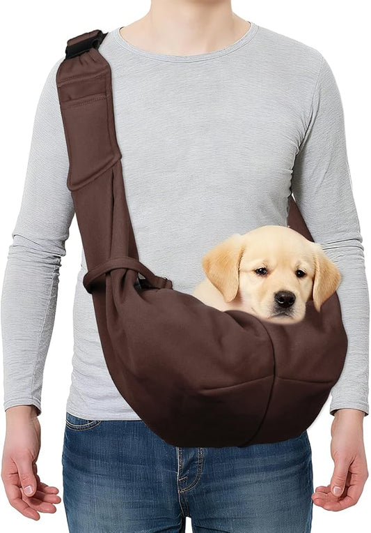 PETAXCELL Dog and Cat Sling Carrier Up to 16.5 Lbs, Hand-Free Reversible Pet Sling Carrier with Adjustable Strap and Pocket, (Brown, 1 Pcs) Intended for Hiking/Camping/Traveling