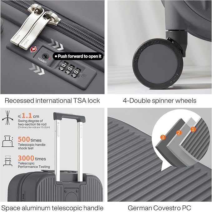 mixi Checked Luggage with Cup Phone Holder Hard Shell Rolling Travel Suitcase with Spinner Wheels,24 Inch Rock Grey