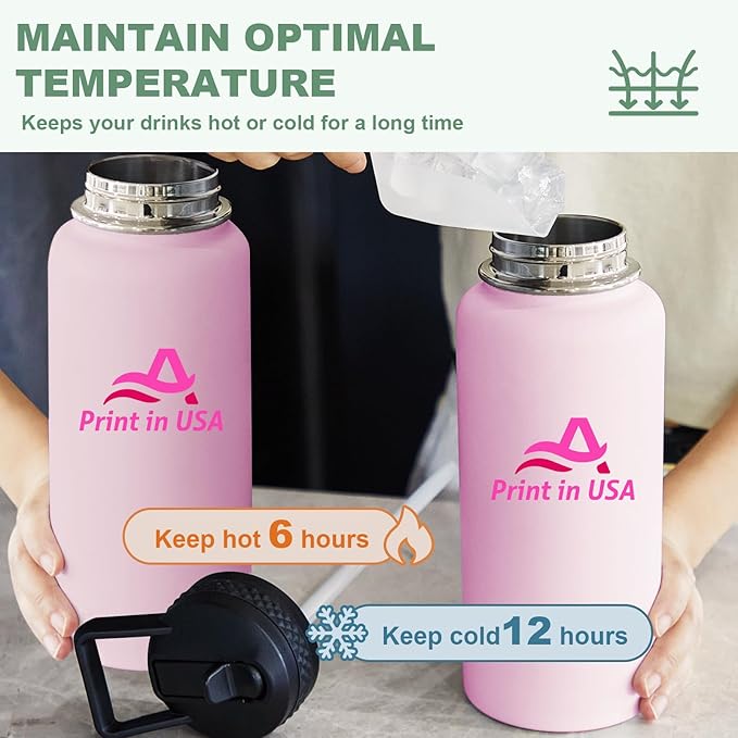 Personalized Custom Print in USA Water Bottle 50Pcs 32oz Stainless Steel Double Wall Coffee Cup with Lid & Straw Insulated Tumbler with Colorful Text Logo Photo