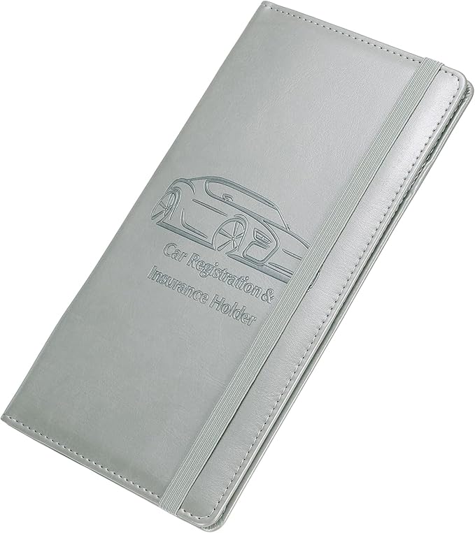 HARFINGTON Car Registration and Insurance Holder 9.45" x 5.04" PU Leather Vehicle Glove Box Organizer Storage Accessories Men Women Car ID Holder for License ID Card Bank Card, Gray