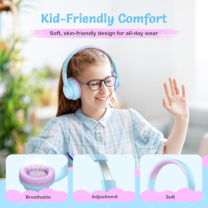 Kids Bluetooth Headphones with Active Noise Cancelling, Wireless Over-Ear Headphones for Boys Girls, Foldable, Adjustable, Safe Volume, 40H Playtime, Mic for School Travel (Purple Blue)
