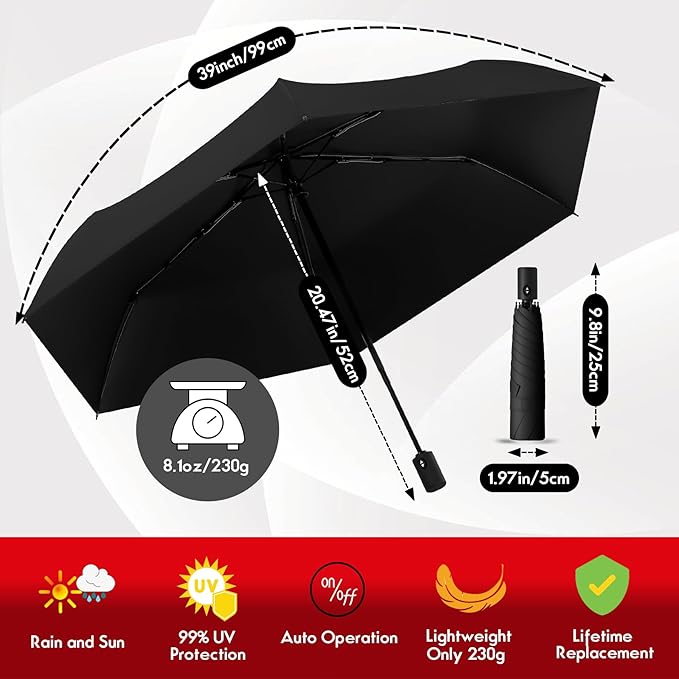 Auto Open Close Umbrella - Ultra Light Compact Travel & Backpack Size for Women and Men, UPF 50+ Eco-Friendly Sun Protection & Windproof Rain Umbrella with UV Defense
