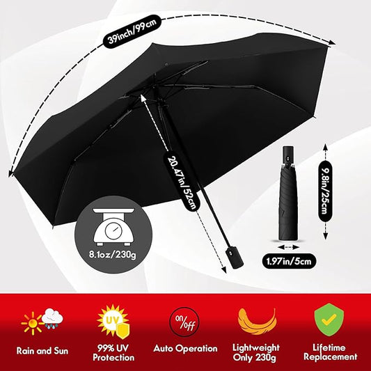 Auto Open Close Umbrella - Ultra Light Compact Travel & Backpack Size for Women and Men, UPF 50+ Eco-Friendly Sun Protection & Windproof Rain Umbrella with UV Defense