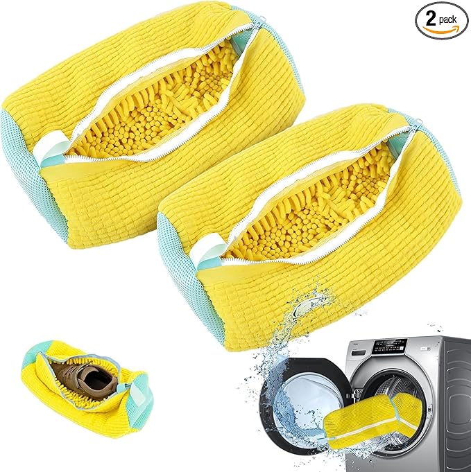 2Pcs Shoe Washing Machine Bags, Laundry Shoe Bags for Washer and Dryer, Sturdy Zipper with Hook Design, Reusable Washing Bag for Sneaker, Tennis, Fits All Shoe Types & Sizes, （Yellow 2 Packs）