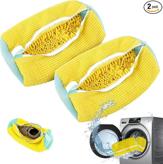 2Pcs Shoe Washing Machine Bags, Laundry Shoe Bags for Washer and Dryer, Sturdy Zipper with Hook Design, Reusable Washing Bag for Sneaker, Tennis, Fits All Shoe Types & Sizes, （Yellow 2 Packs）
