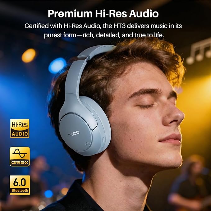 TOZO HT3 Hybrid Noise Cancelling Headphones, 90H Playtime Wireless Over Ear Bluetooth Headset, Spatial Audio AI Chat with 5 Mics, Supports Dual Connection and USB-C Input, with 32 EQ Music Modes