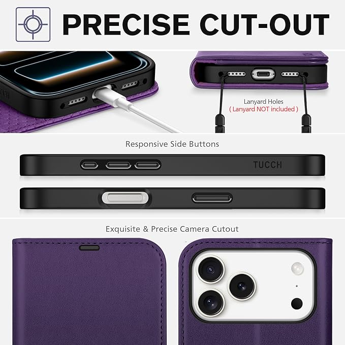 TUCCH Case Wallet for iPhone 17 Pro Max (6.9") 2025, Stand | RFID Blocking | 4 Card Holder | TPU Shockproof Inner Shell | PU Leather | Magnetic Closure Folio Protective Cover | Deep Purple