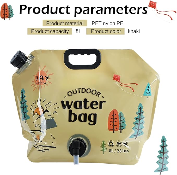 Qurbuns Portable Foldable Water Bag, 8L Collapsible Water Container with Adjustable Faucet, No-Leak Camping Storage Bag, Universal for Camping, Hiking, Outdoor Adventures (Khaki)