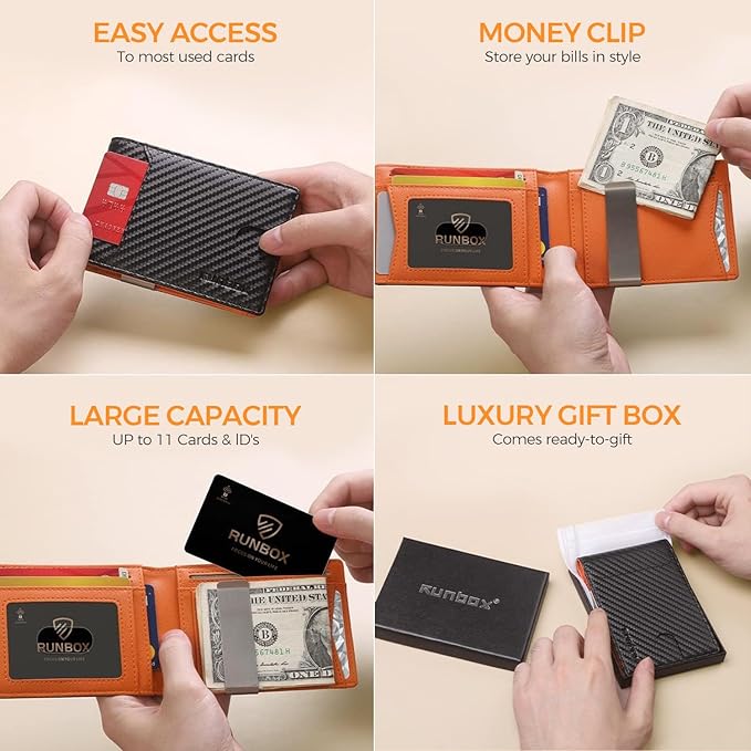 RUNBOX Slim Wallets for Men - Leather Money Clip Mens Wallet - RFID Blocking Front Pocket Bifold Wallet - Thin Credit Card Holder with Gift Box