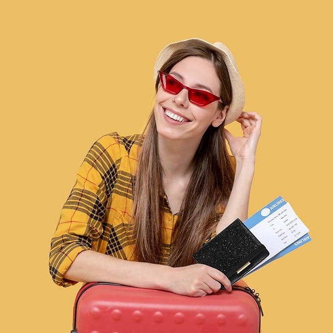 Caweet Passport Holder and Vaccine Card holder Combo RFID Blocking Leather Vaccination Card Wallet with Elastic Band Closure, Glitter Black