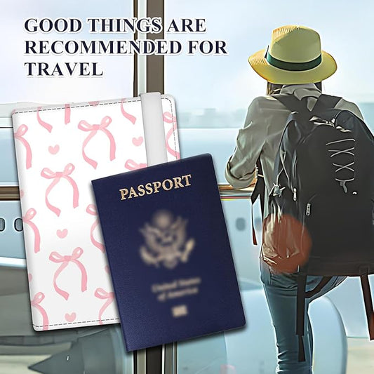 Passport Holder for Travel Essentials, RFID Premium Leather Passport Wallet Cover Case for Travel Must Haves Accessories, Passport Book Holders for Women Men Pink Cute Bowtie