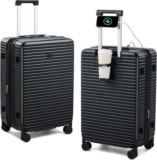 Hard Shell Suitcases Travel Expandable Luggage, 24 Inch Check in Luggage with Spinner Wheels Cup Holder Charger Built in, Checked Medium Suitcase Lightweight Suitcases, Black