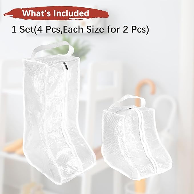 Boot Storage Bags [4PCS] - Plastic Tall Short Boot Carry Bags Clear Shoe Bags with Handle for Travel & Daily Use - [White] Waterproof & DustProof Boot Bags for Cowboy Boots
