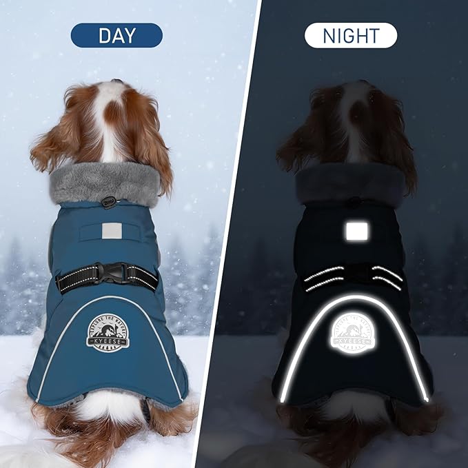 KYEESE Waterproof Dog Coat, Warm Windproof Jacket,Turtleneck Winter Dog Coats for Small Dogs with Leash Hole, Reflective Pet Clothes & Outdoor Apparel,Thick Fleece-Lined Winter Jacket,Navy Blue, Large