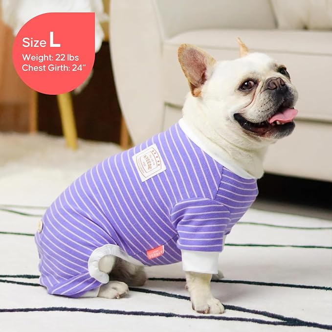 KYEESE Dog Pajamas Stretchable 4 Legs Doggie Jammies Striped Jumpsuit Lightweight Onesie Puppy Pajamas Cozy Outfit Comfortable Dog Clothes Hair Shedding Cover Pet Sleepwear,Purple Striped, Medium