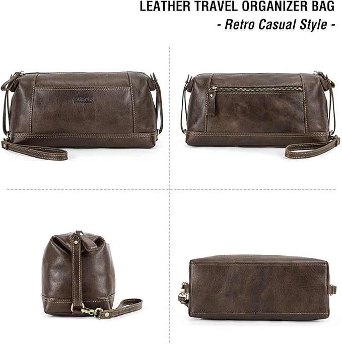 Travel Organizer Bag, Top Grain Leather, Handmade Vintage Design, Large Size & Multi Pockets, Portable Travel Storage Bag for Phone, USB Cable, Charger, Notebook, Cash, Cosmetics, Toiletries