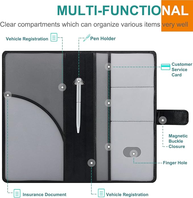 RSAquar Car Registration and Insurance Holder, Leather Car Glove Box Organizer, Cool Car Accessories for ID, Driver's License Cards & Essential Document, Men&Women, Black