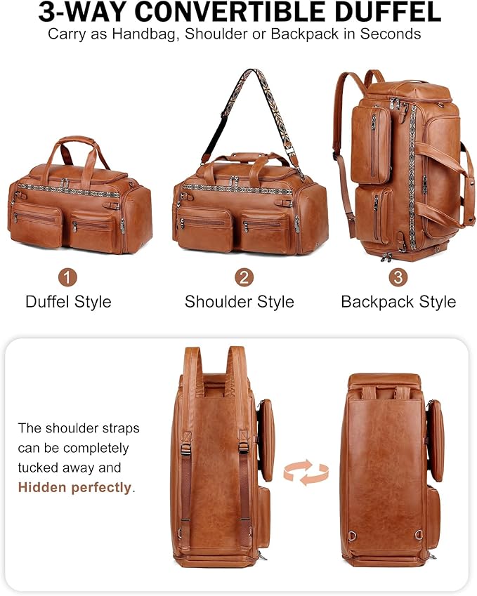 FADEON Duffle Bag for Women, Large Convertible Carry on Overnight Backpack, Designer Leather Mens Weekend Bags for Travel