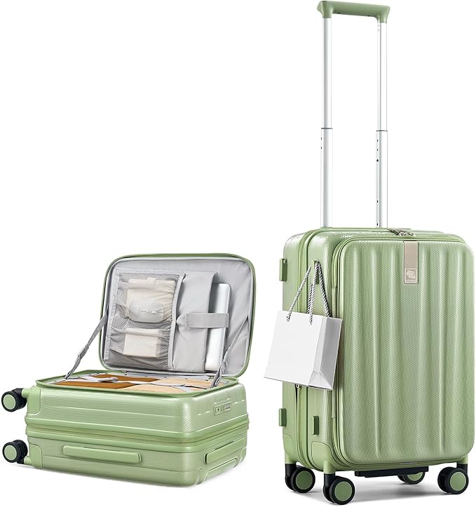 Hanke 20 Inch Expandable Carry On Luggage Airline Approved Top Opening Hard Shell Suitcases with Wheels Lightweight Travel Luggage Carry On Suitcase for Woman Men-Bamboo Green