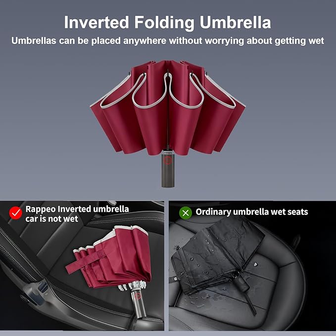 Rappeo 4-in-1 Inverted Travel Umbrella Compact, Automatic Large Umbrellas for Rain & Sun, Portable Windproof Umbrella for Backpack, Reverse Folding Umbrella for UV with Reflective Strips,Lightweight