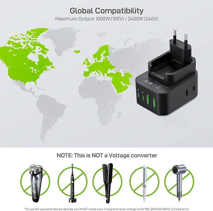 EPICKA Hybrid European Travel Plug Adapter, Foldable & Detachable Type C (EU) VisaPlug, 8-IN-1 International Power Adapter with 4 USB Ports (2 USB-C PD 20W) - Travel Essentials for US to Europe, Black