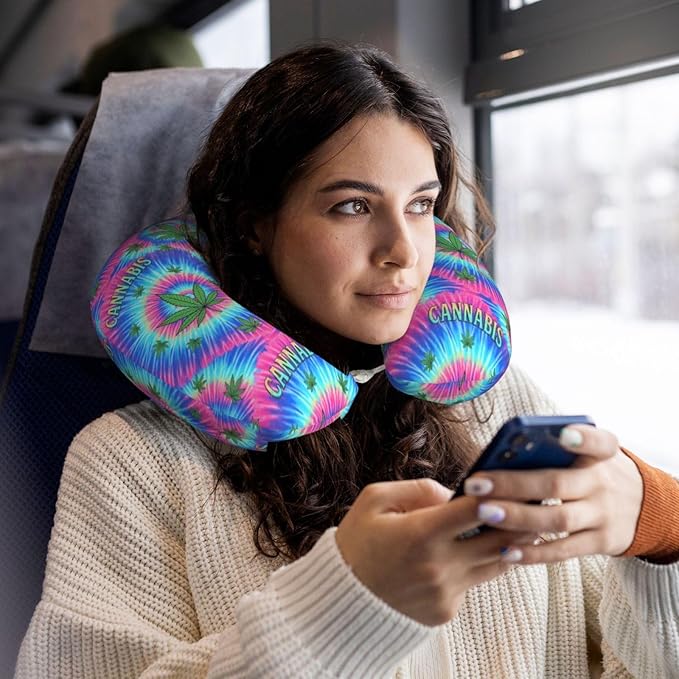 Neck Pillow Memory Foam Travel Pillows Comfortable for Airplane Flight Car Travel Office Nap and Sleeping, Funny Cushion for Head Shoulder Colorful Weedleaf Leaf