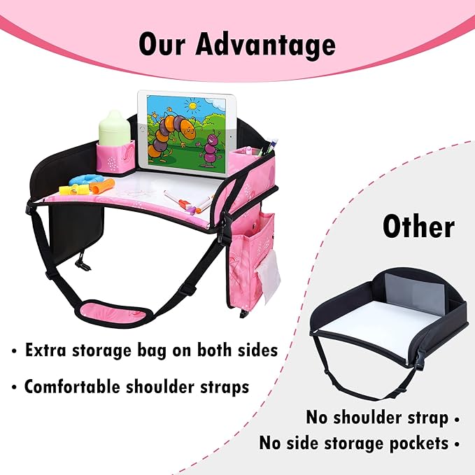 WENRENER Kids Travel Tray, Car Seat Tray for kids Travel, Toddler Road Trip Essentials With Drawing Kit, Toddler Lap Desk Organizer for Car, Carseat Table for Airplane