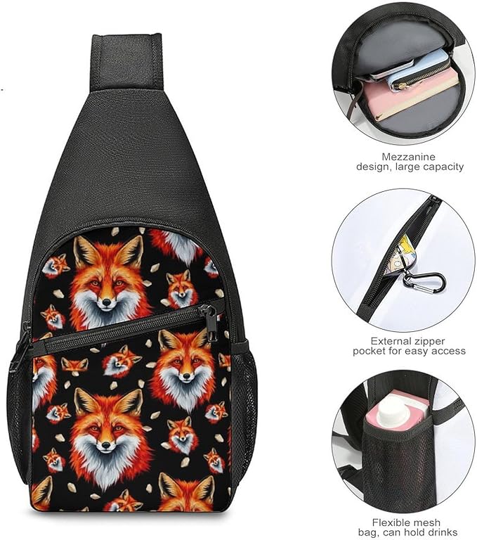 SWEET TANG Fashion Sling Backpack for Men Women, Lightweight Sling Shoulder Bag, Outdoor Chest Crossbody Bike Gym Runner Daypack with Adjustable Strap, Fox Face Art