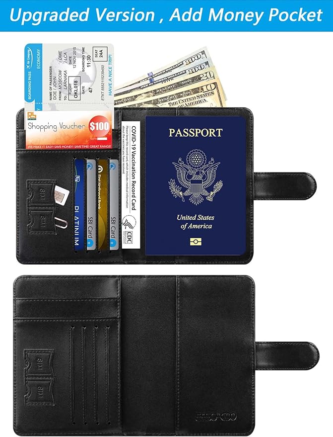 Passport Holder Cover Wallet RFID Blocking Leather Card Case Travel Accessories for Women Men (Black)
