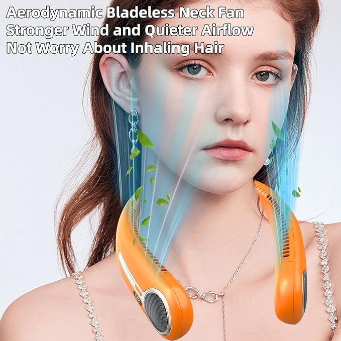 Portable Neck Fan,Hands Free Personal Wearable Bladeless Fan,6000mAh USB Rechargeable,360° Cooling,LED Display,4-Speeds,Birthday Gifts for Men Women Dad Mom,Stocking Stuffers Christmas Gifts (Orange)